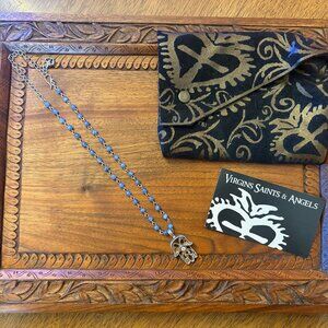 Virgins Saints & Angels Blue Jade Necklace Choker Silver Hamsa Hand of Fatima